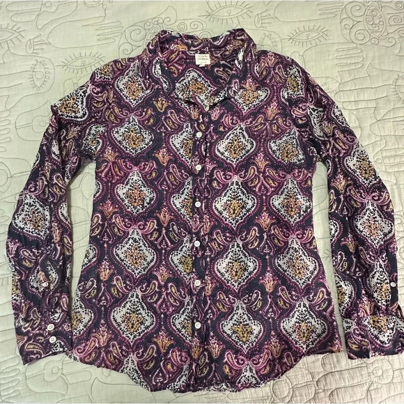 J Crew Perfect Shirt Cotton Silk Blend Button Down Size M Paisley Navy Purple - Picture 1 of 7
